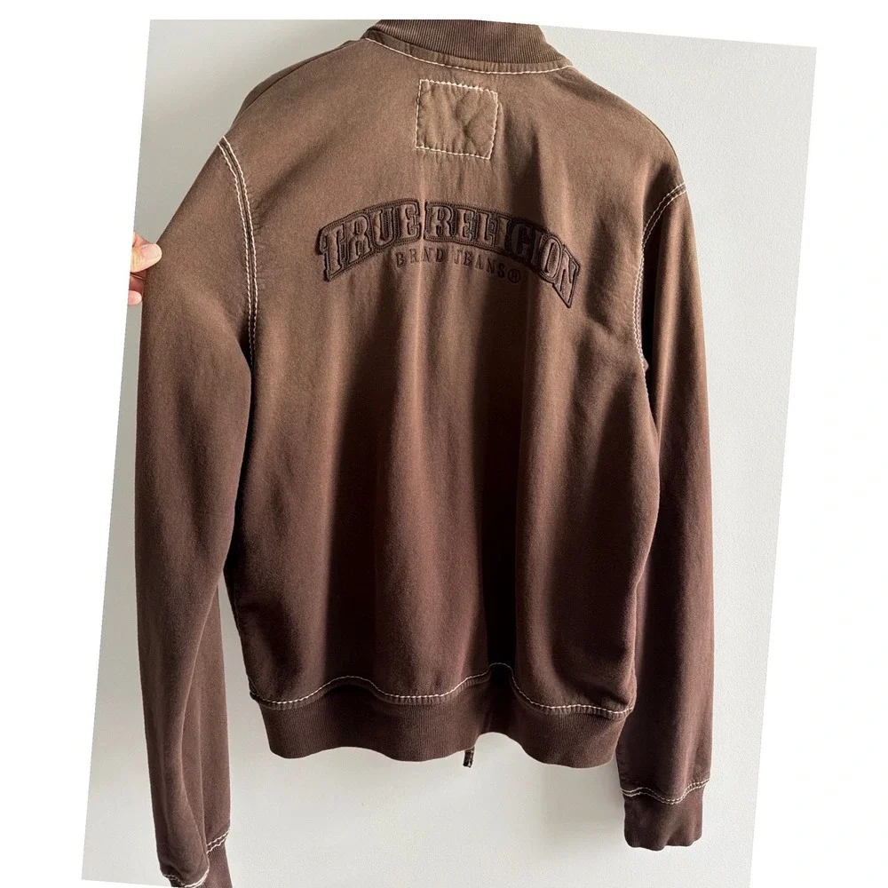 True Religion Mens XXL Brown Big T Stitch Full Zip Track Jacket‎ Sweatshirt Logo